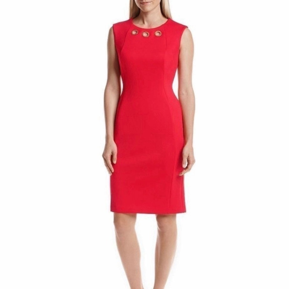 Calvin‎ Klein Red Gold Ring Grommet Cut Out Scuba Knit Sleeveless Sheath Dress 4
